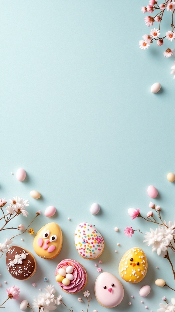 Colorful Easter-themed cookies and treats with spring flowers.