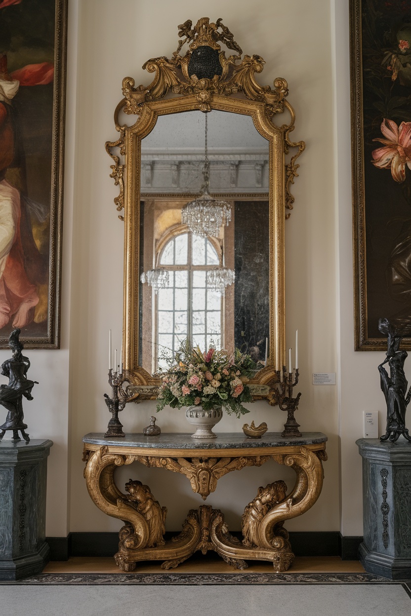 An ornate gilded mirror above a decorative console table with a floral arrangement, flanked by sculptures and a chandelier in the reflection.