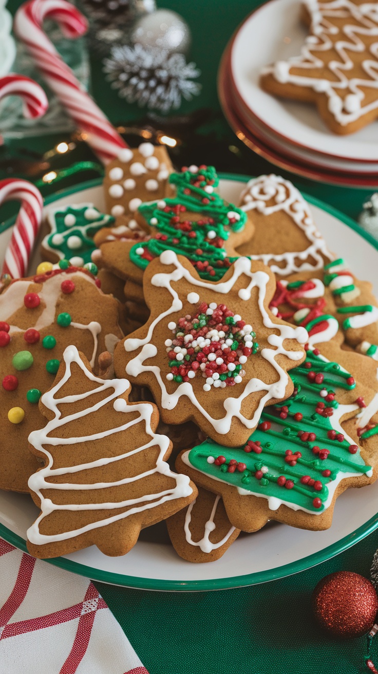 A plate of decorated gingerbread cookies in festive shapes