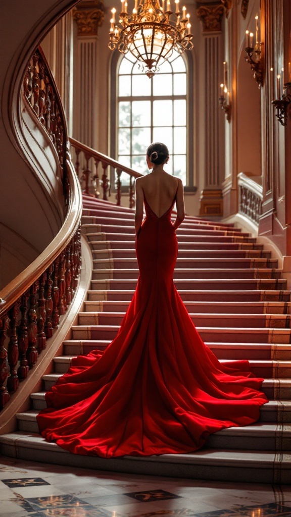 A woman in a cherry red evening gown standing on a staircase, showcasing elegance and glamour.