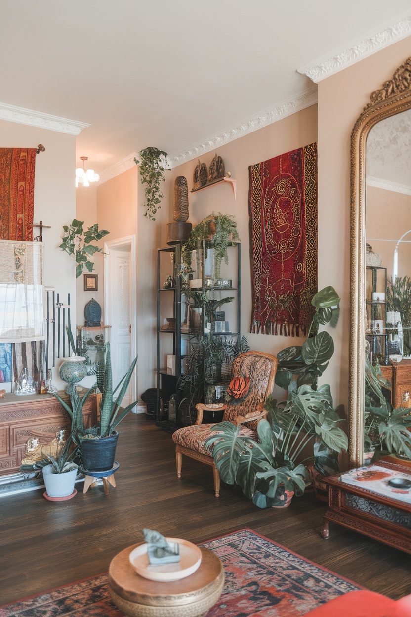 A cozy living room featuring vibrant tapestries, plants, and eclectic decor.