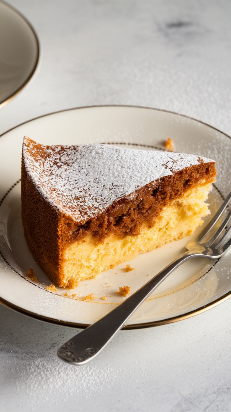 A slice of gooey butter cake dusted with powdered sugar on a plate.