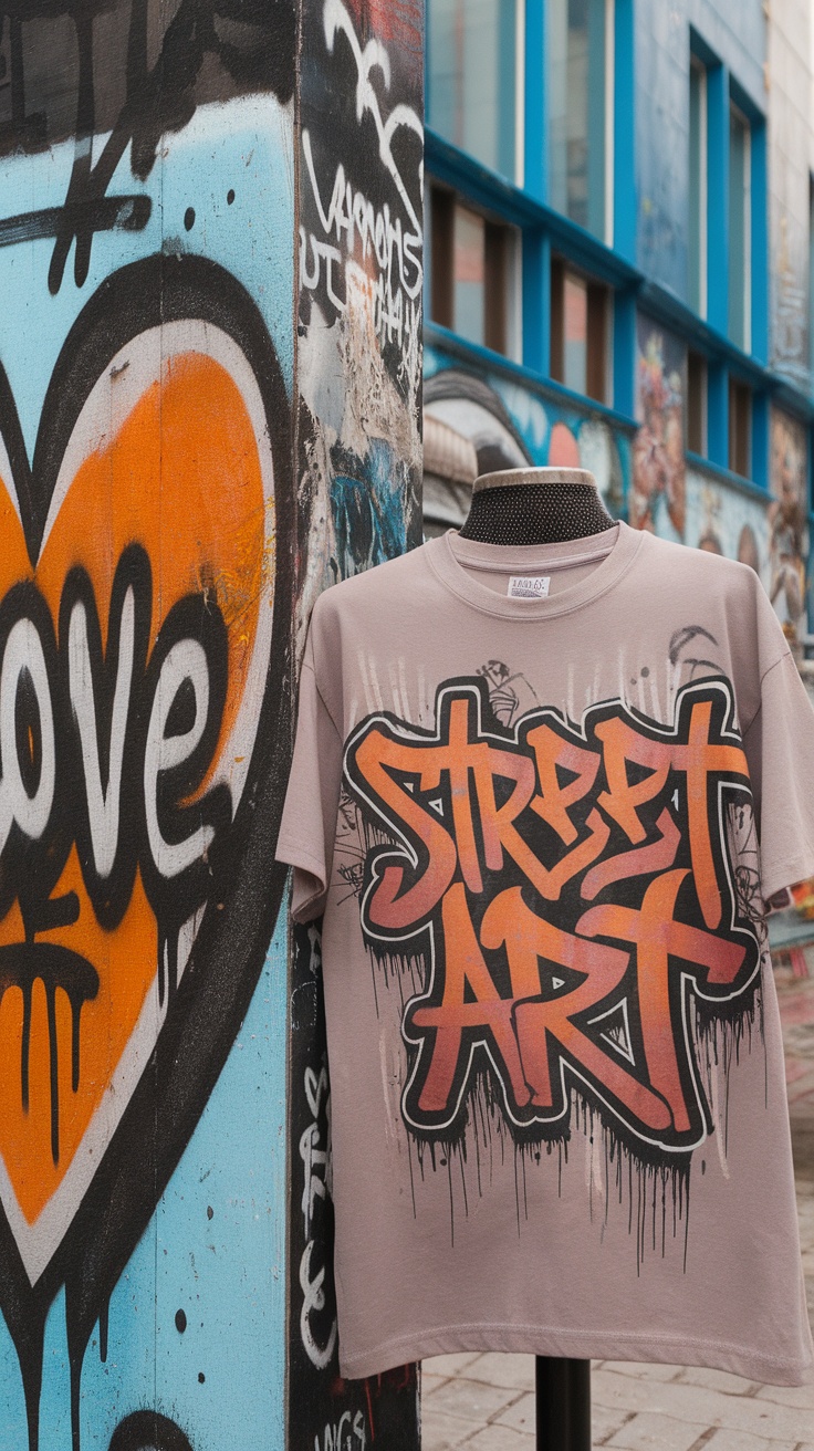 A t-shirt with 'STREET ART' graphic displayed next to colorful graffiti on a wall.