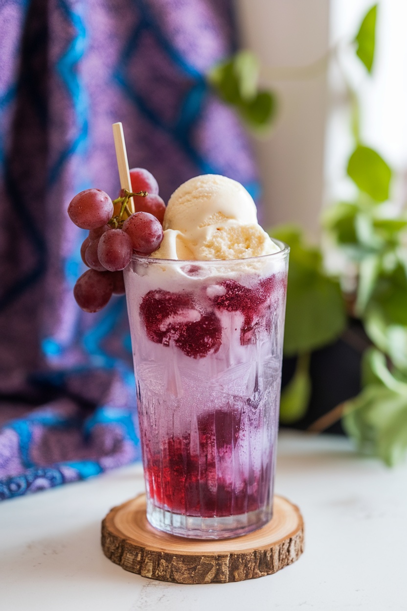 A delicious grape fizz float with ice cream and fresh grapes