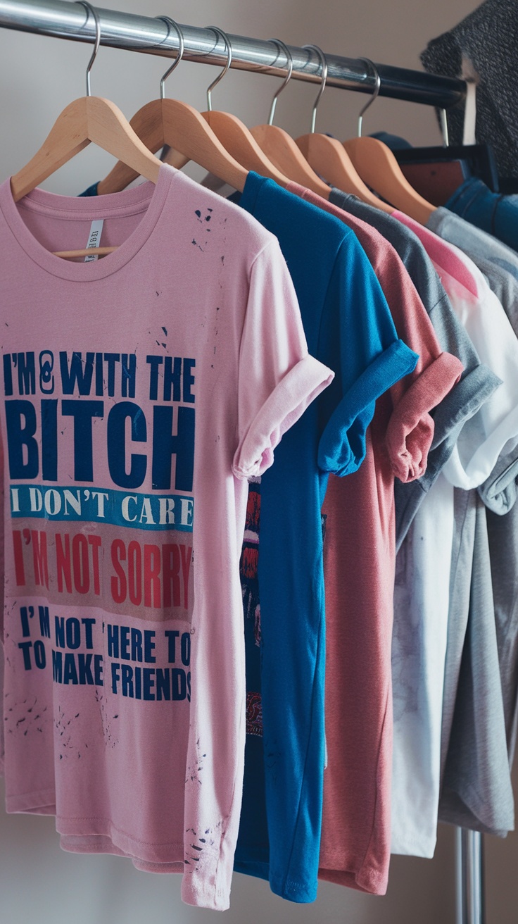 A collection of graphic tees in various colors hanging on a rack, featuring bold statements and designs.