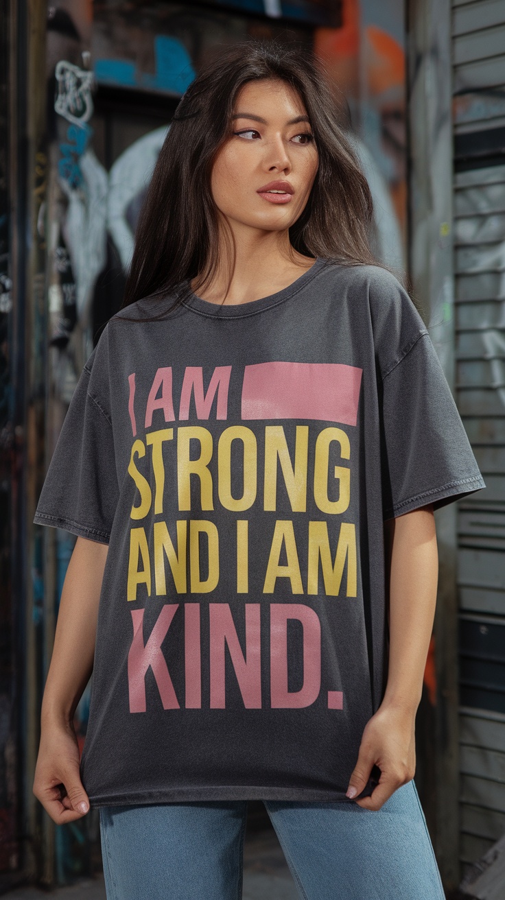 A woman wearing a graphic tee that says 'I AM STRONG AND I AM KIND' in bold colors.