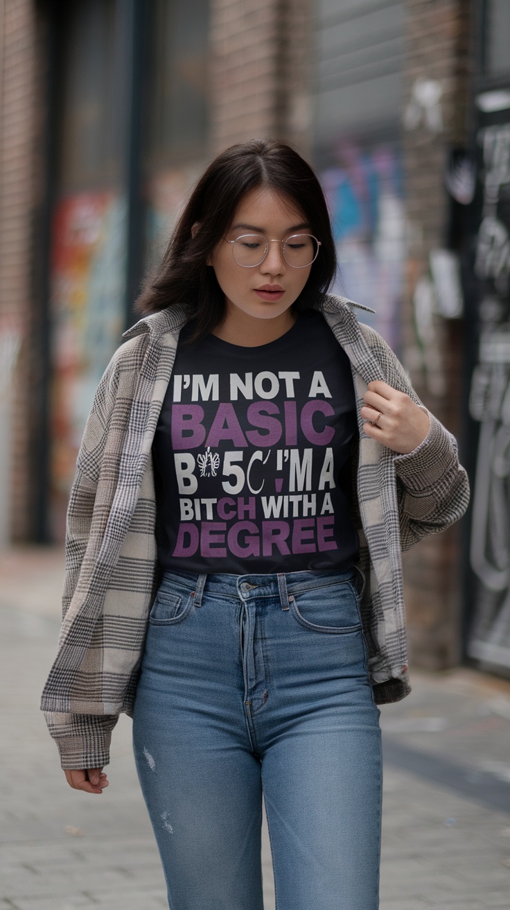 A woman wearing a graphic tee with bold typography that says 'I'M NOT A BASIC BITCH! I'M A BITCH WITH A DEGREE', paired with high-waisted jeans and a flannel shirt.