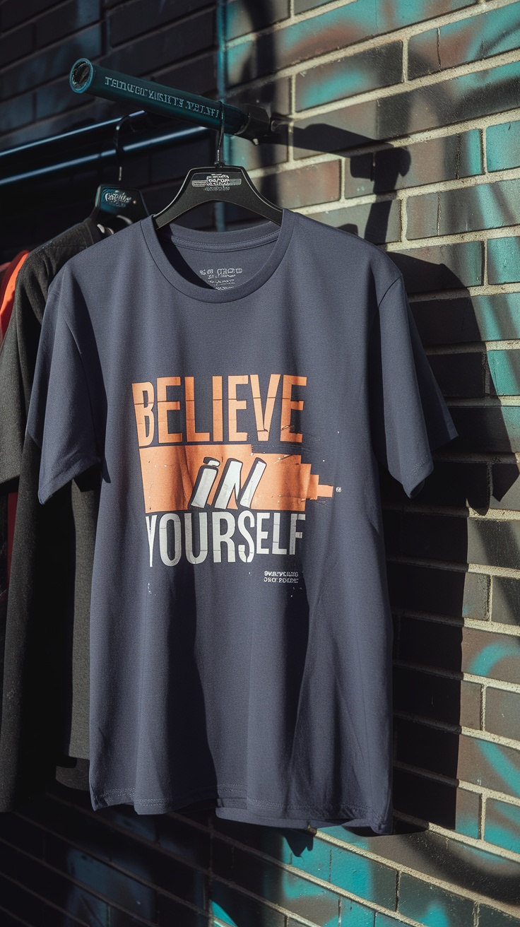 A navy blue t-shirt hanging on a rack with the words 'BELIEVE in YOURSELF' in bold lettering.