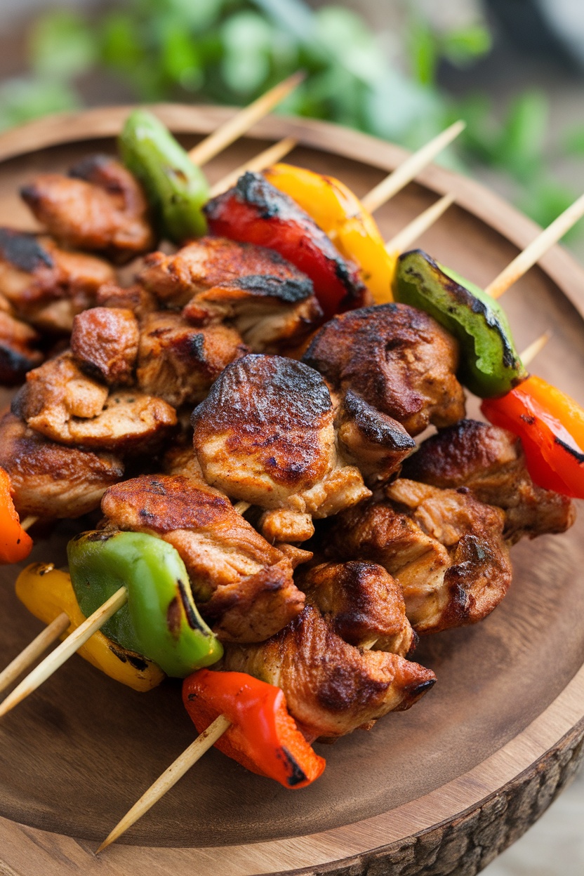 Delicious grilled adobo skewers with colorful bell peppers on wooden plate.