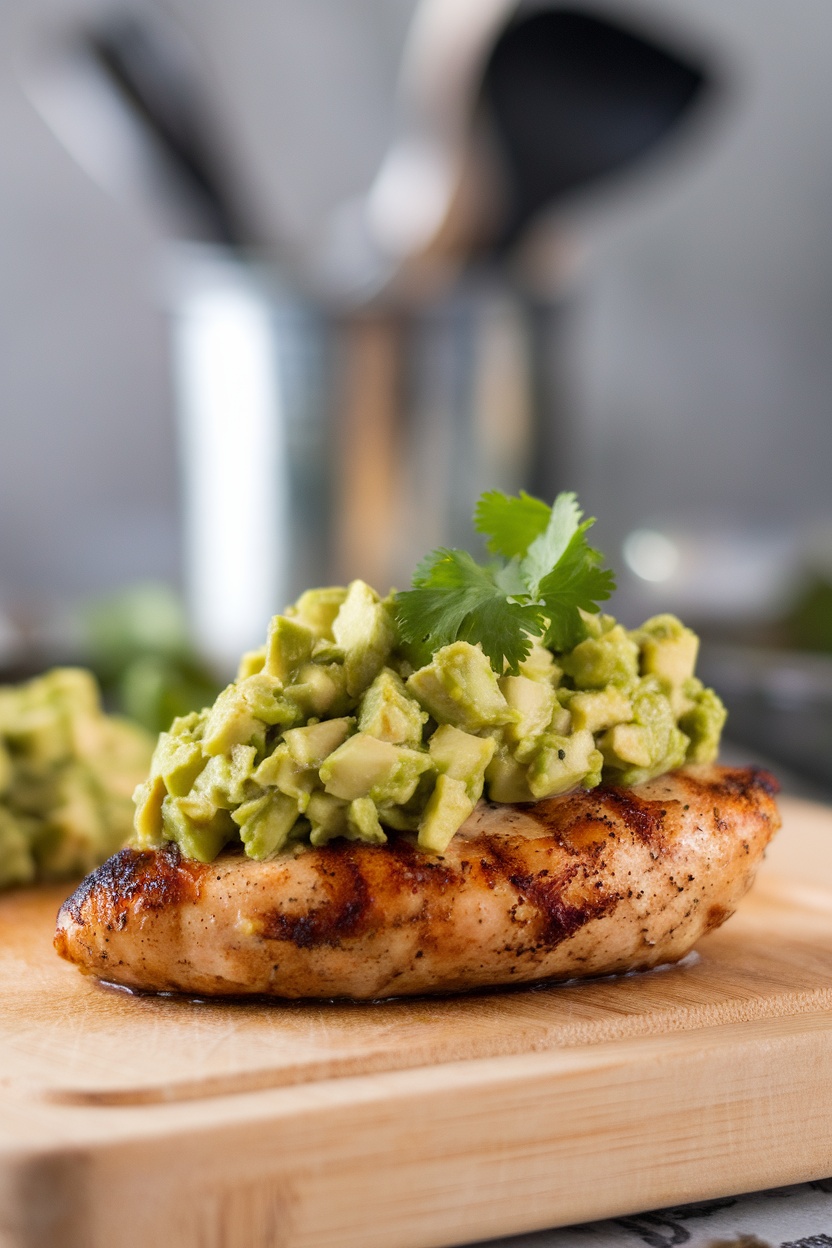 A delicious serving of grilled chicken topped with fresh avocado salsa.