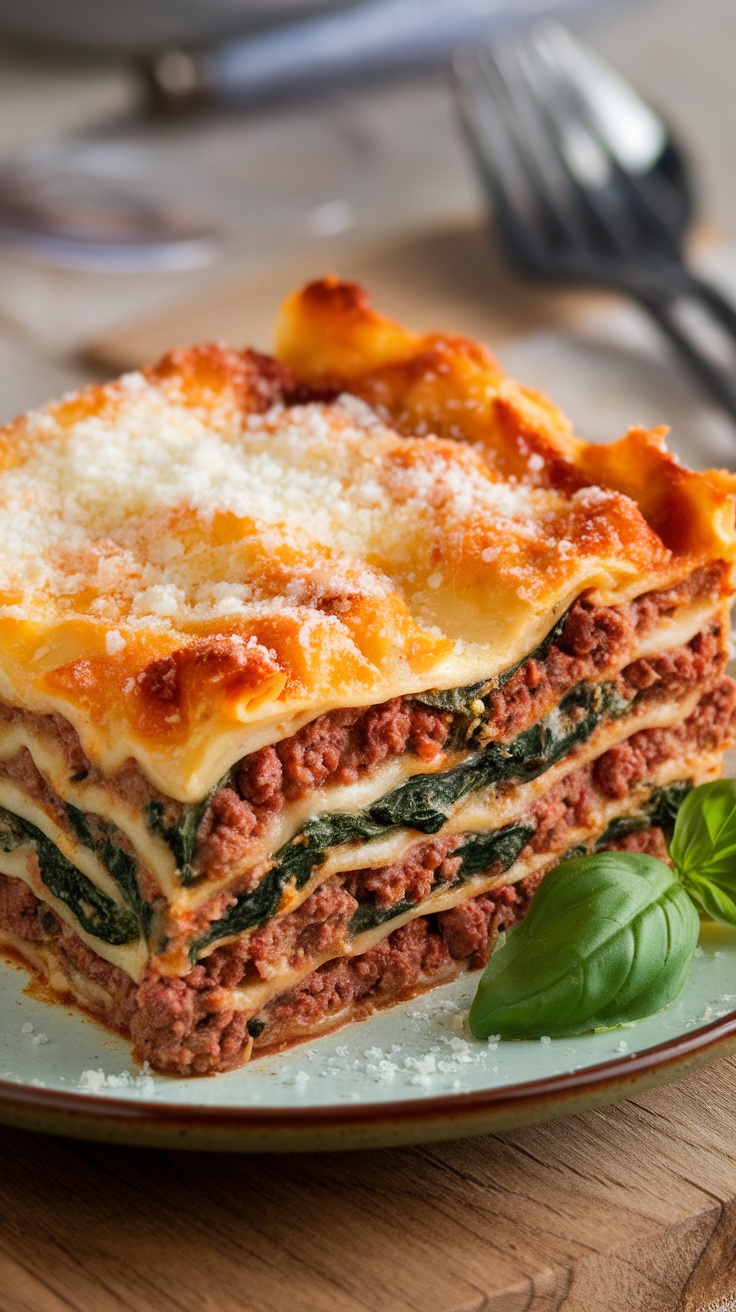 A delicious slice of ground beef and spinach lasagna