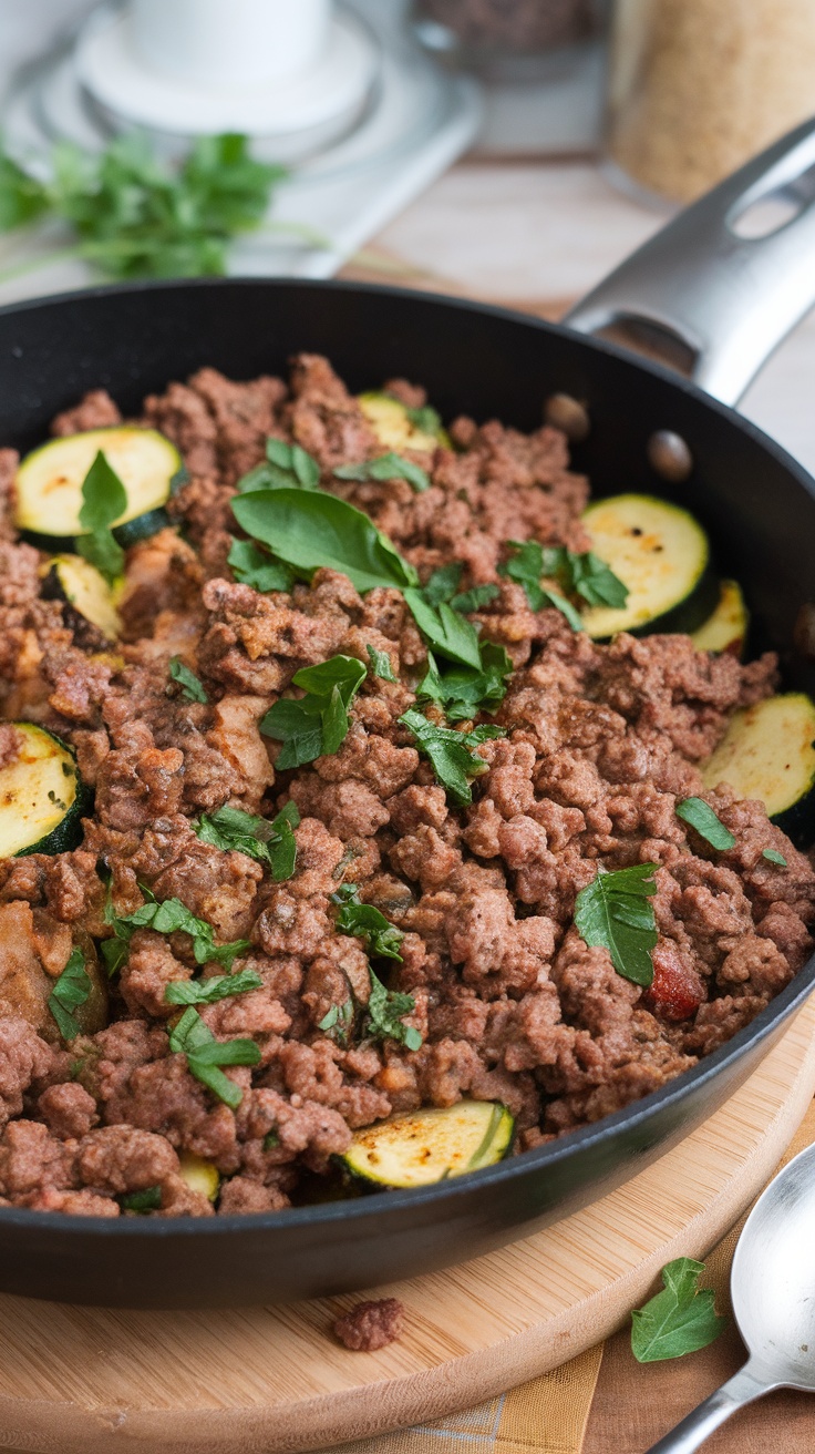 Ground beef and zucchini skillet in a pan, garnished with parsley