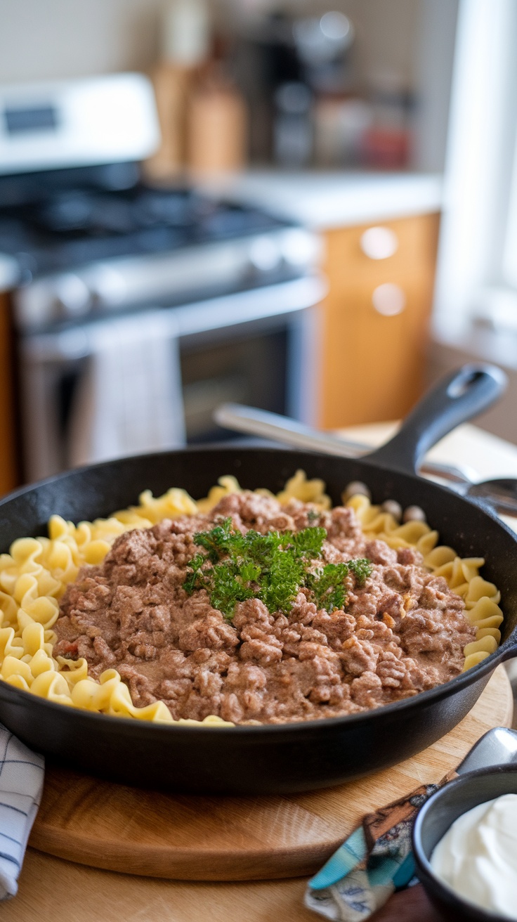 A skillet filled with creamy ground beef stroganoff served over egg noodles.