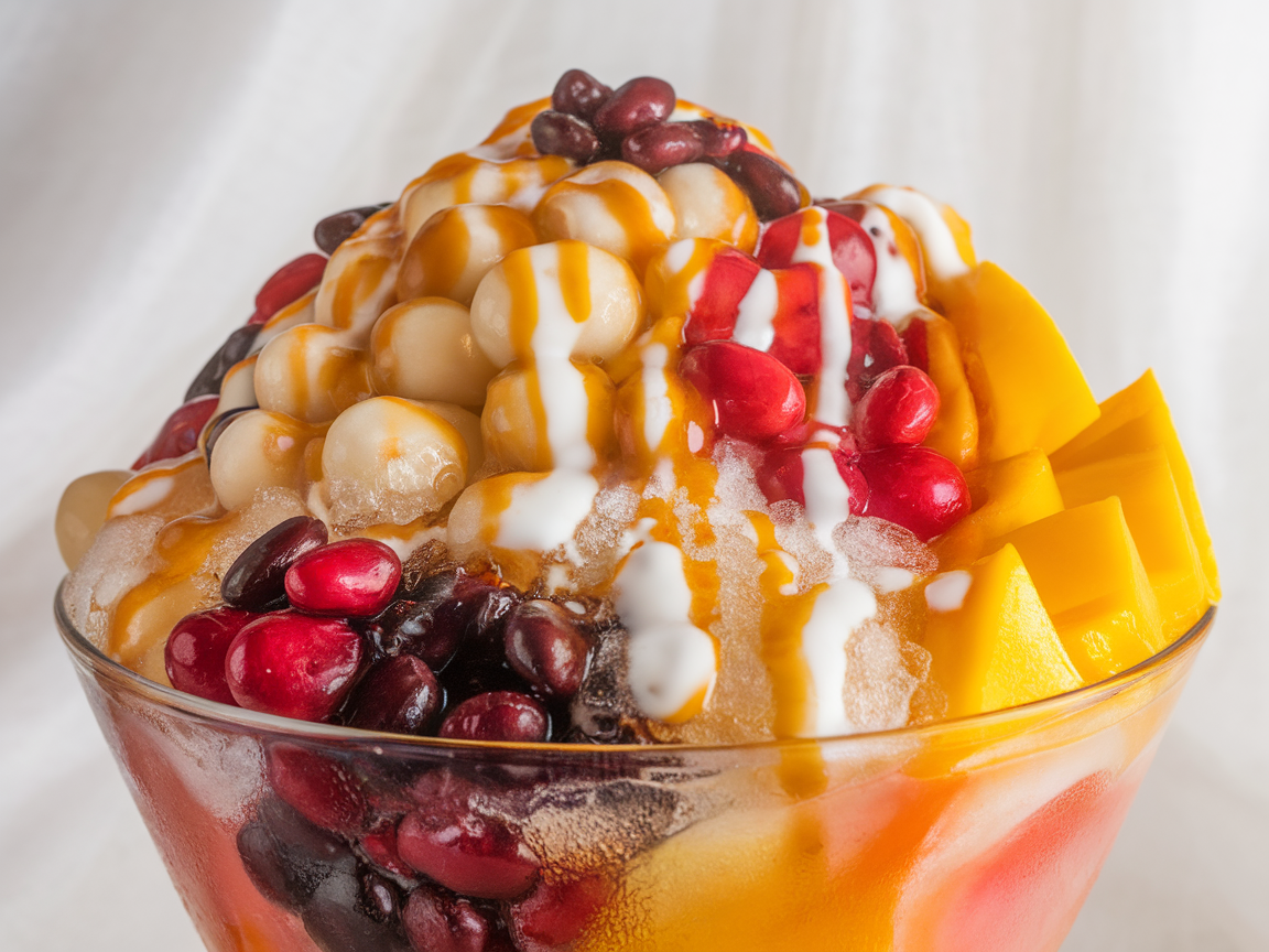 A colorful bowl of halo-halo dessert featuring shaved ice, fruits, and toppings.