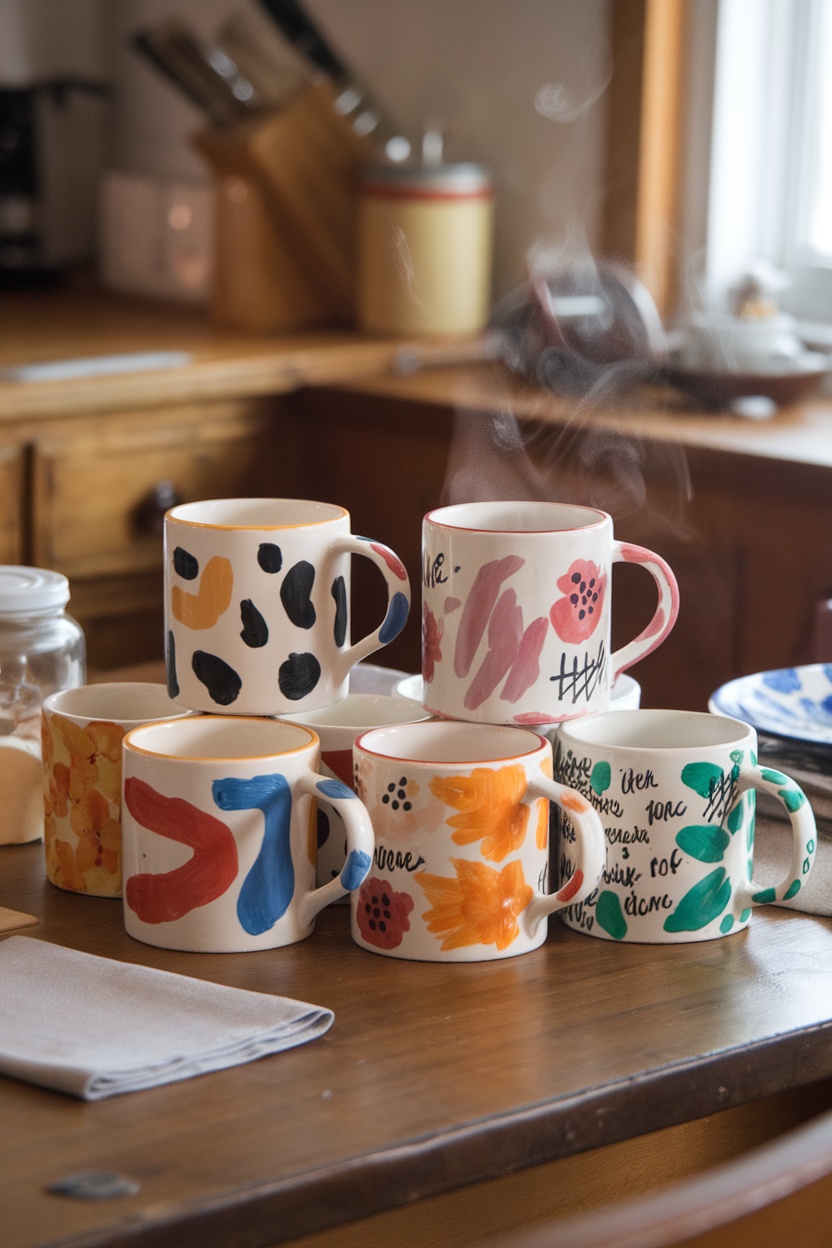 A collection of hand-painted ceramic mugs with colorful designs, stacked on a wooden table.