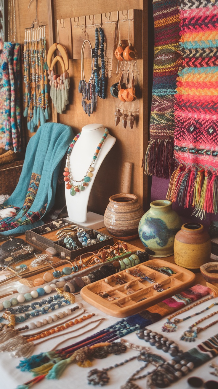 A vibrant display of handmade jewelry and artisan goods, including necklaces, scarves, and pottery.