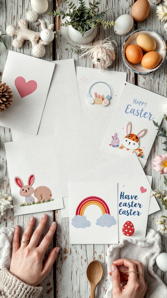 A collection of handmade Easter cards featuring bunnies, rainbows, and festive designs on a rustic wooden table.