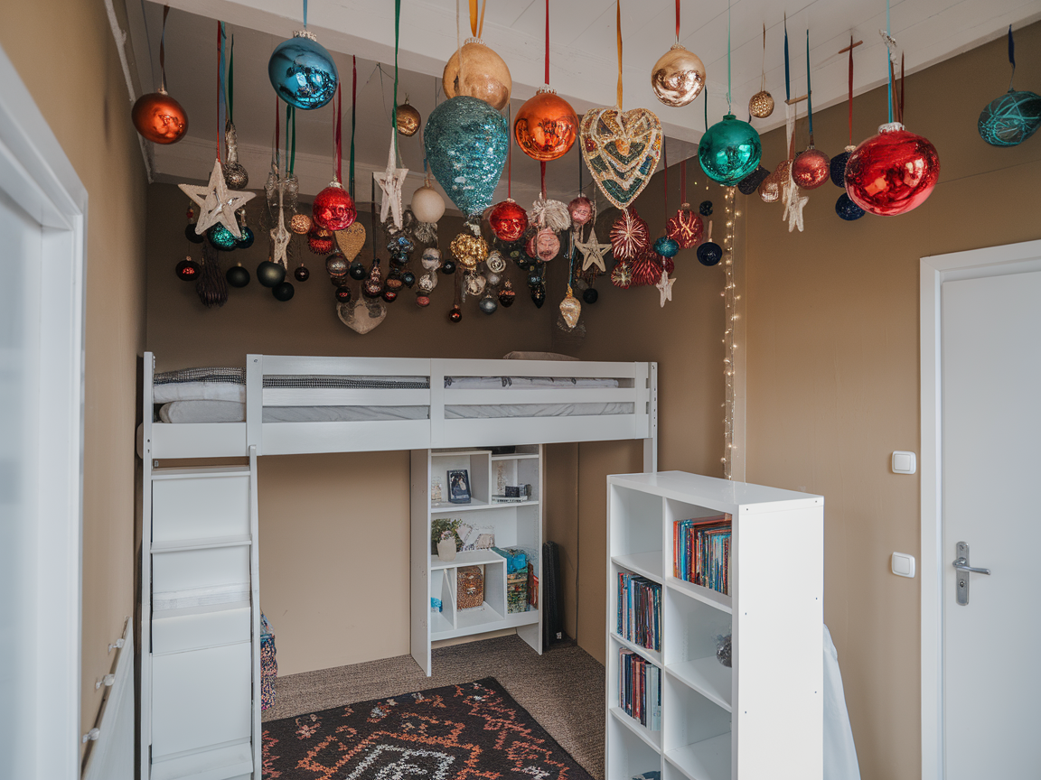 A cozy room with colorful ornaments hanging from the ceiling.