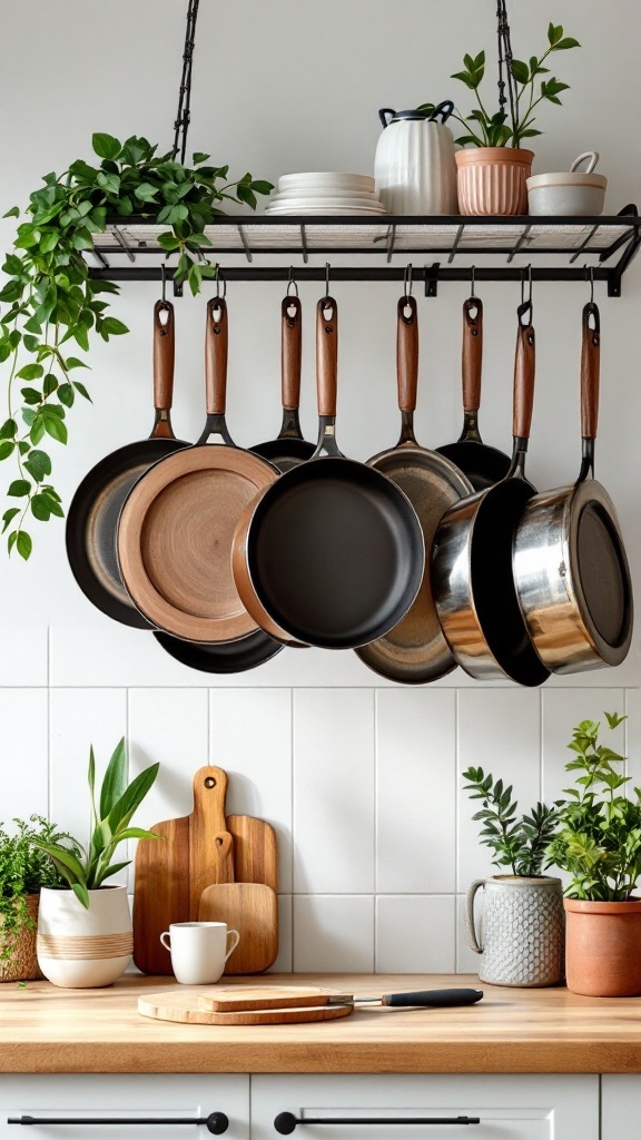 A kitchen with hanging racks displaying pots and pans, complemented by greenery and stacked dishes.