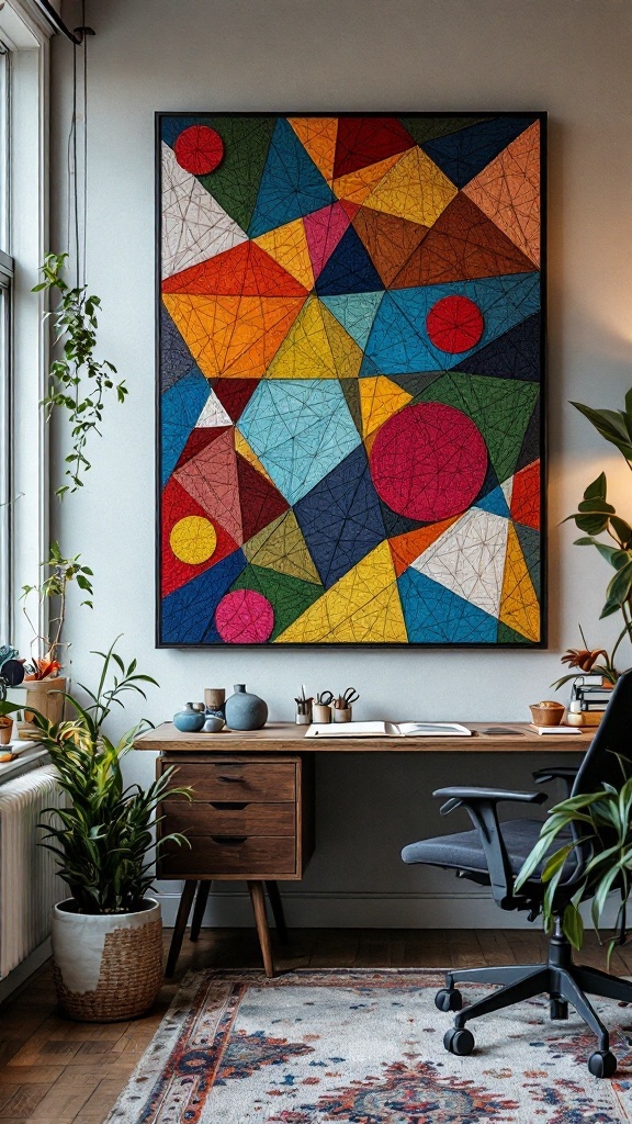 Colorful string art featuring geometric shapes, hanging above a wooden desk with plants in a cozy room.