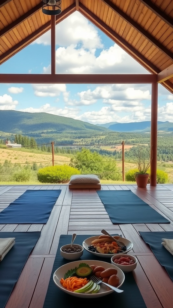 A peaceful wellness retreat space with yoga mats and healthy food options, overlooking mountains.