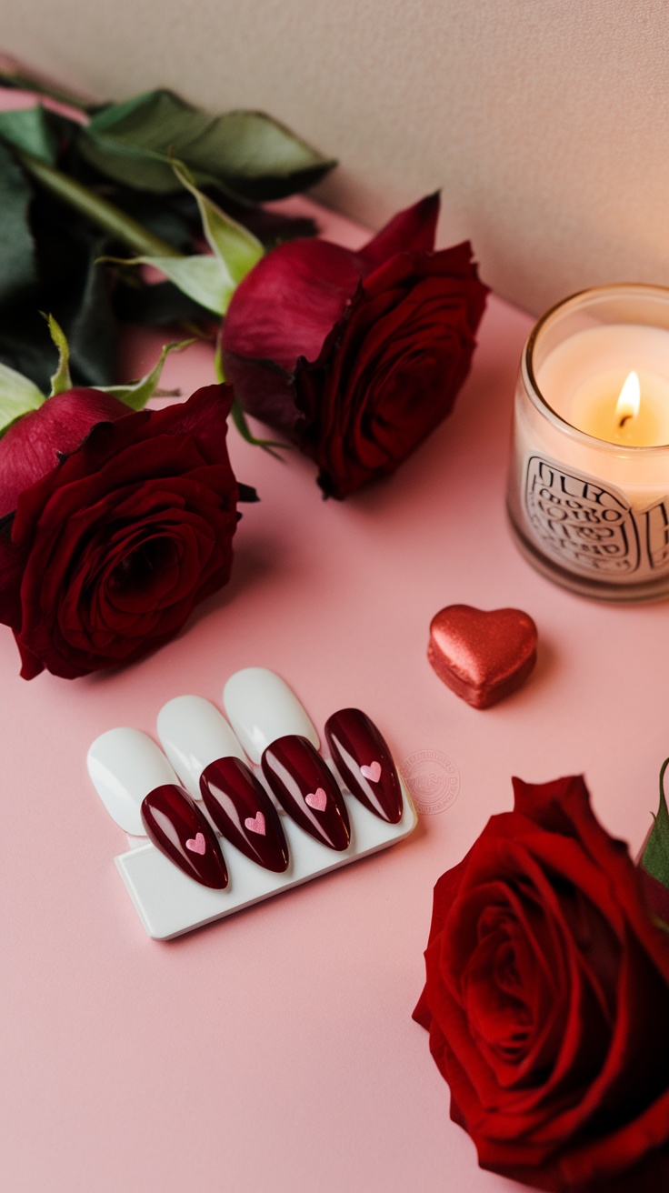 Dark cherry red nails with heart accents, surrounded by roses and a candle on a pink background.