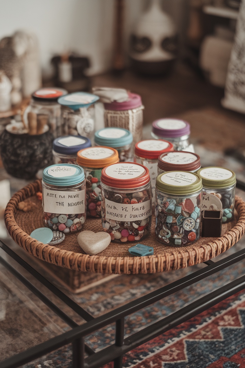 A collection of colorful memory jars filled with various treasures and notes, displayed on a woven tray.