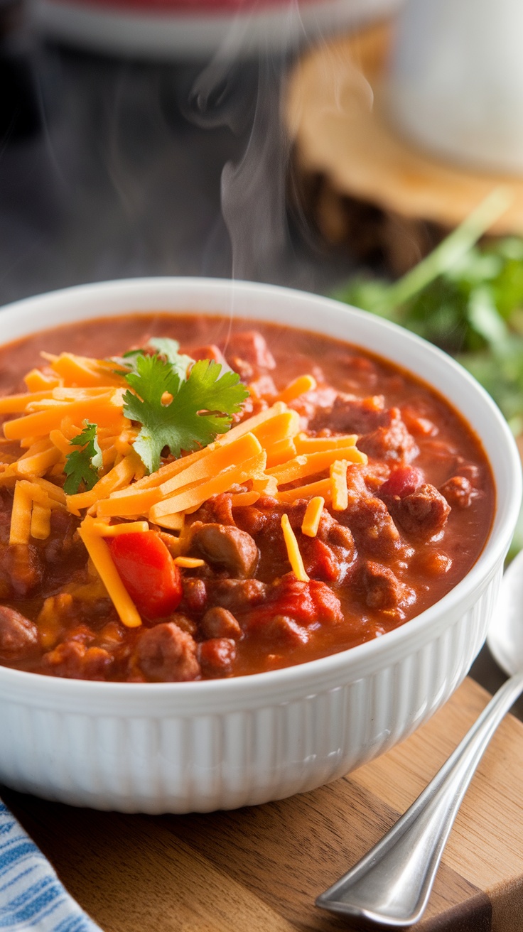 A bowl of hearty beef and vegetable chili topped with shredded cheese and cilantro.