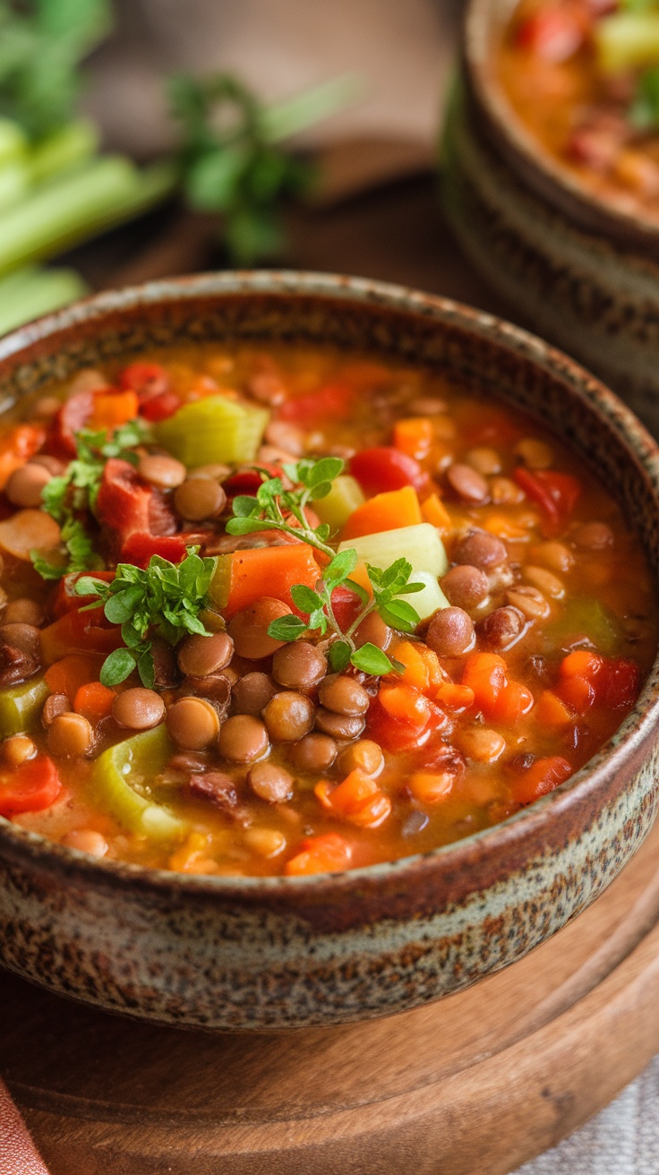 A bowl of hearty vegetable lentil soup topped with fresh herbs