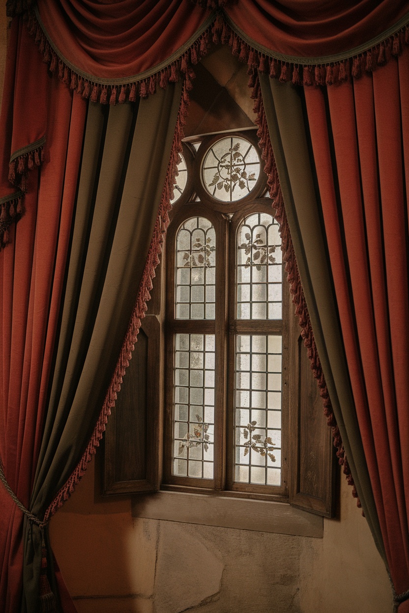 Heavy drapes in bold colors framing a window with intricate glass.