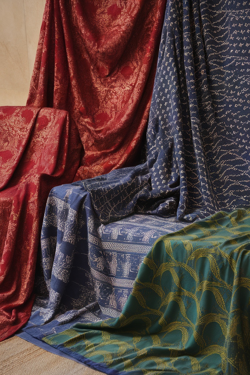 A collection of heavy textured fabrics in rich colors and intricate patterns.