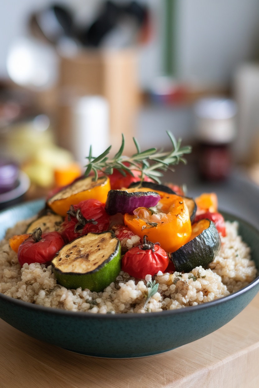 A bowl of herbed quinoa topped with colorful roasted vegetables.