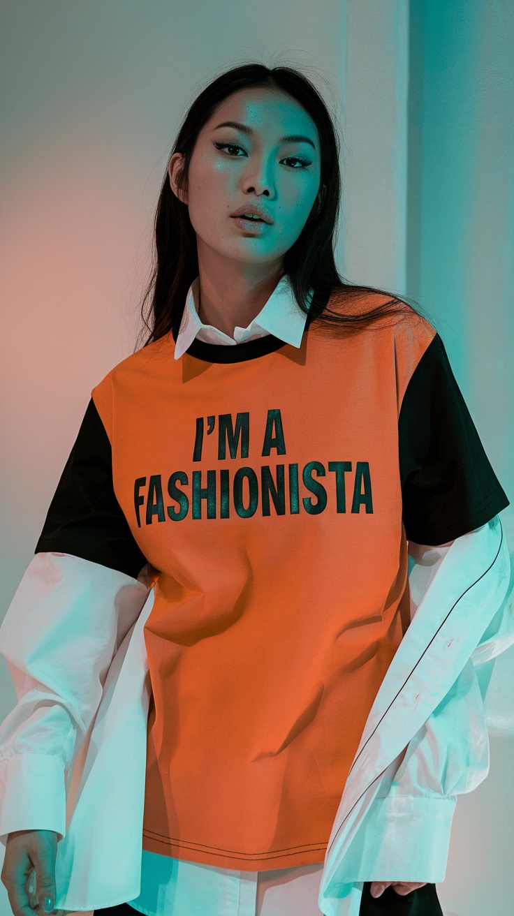 A woman wearing a high-contrast t-shirt with the text 'I'M A FASHIONISTA' in bold letters.