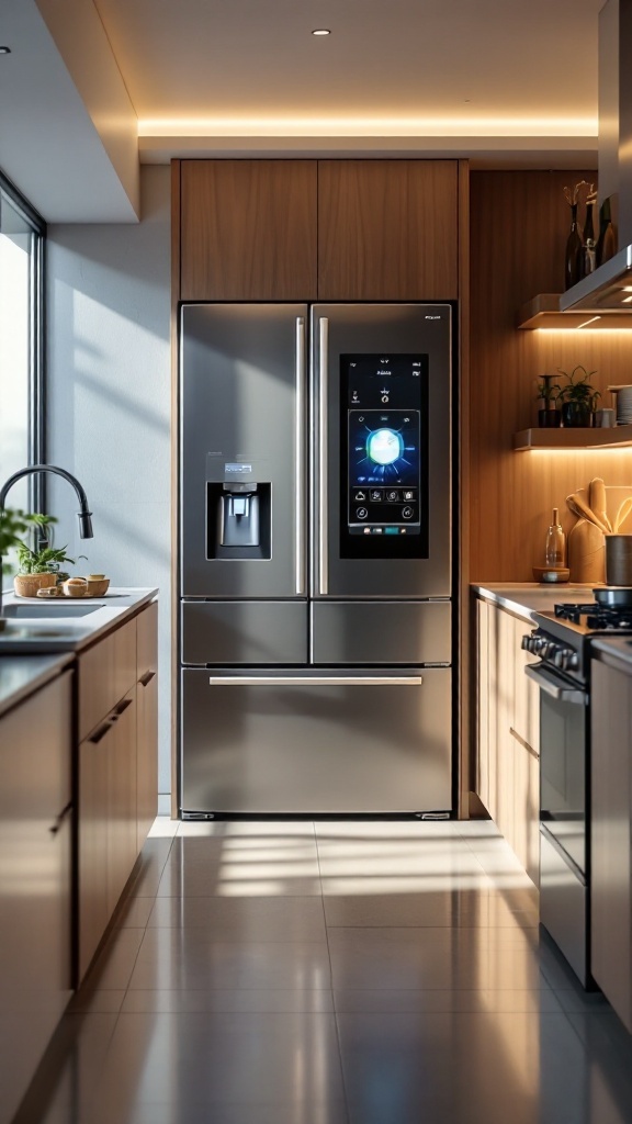 A modern kitchen featuring a high-tech refrigerator with a sleek design and smart features.