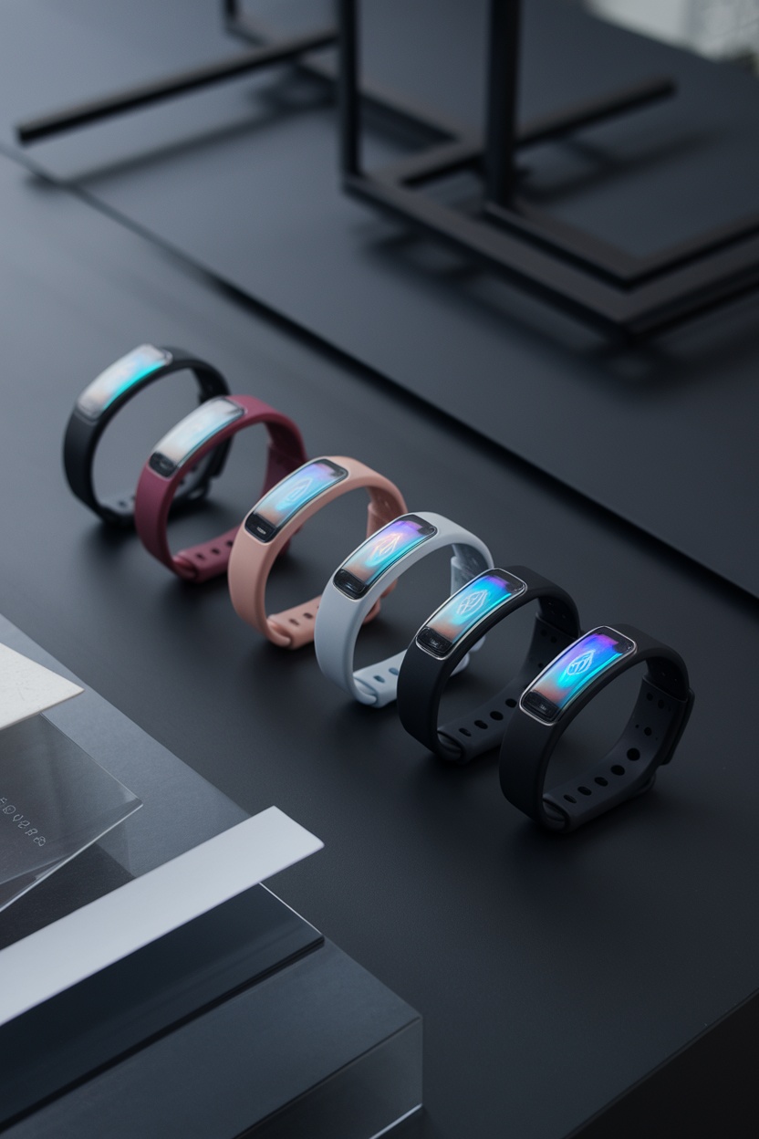 A display of various high-tech wristbands in different colors on a sleek black surface.