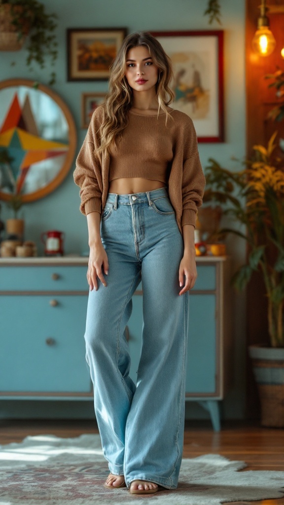 Model wearing light blue high-waisted cinch jeans and a cropped sweater, showcasing a vintage style.