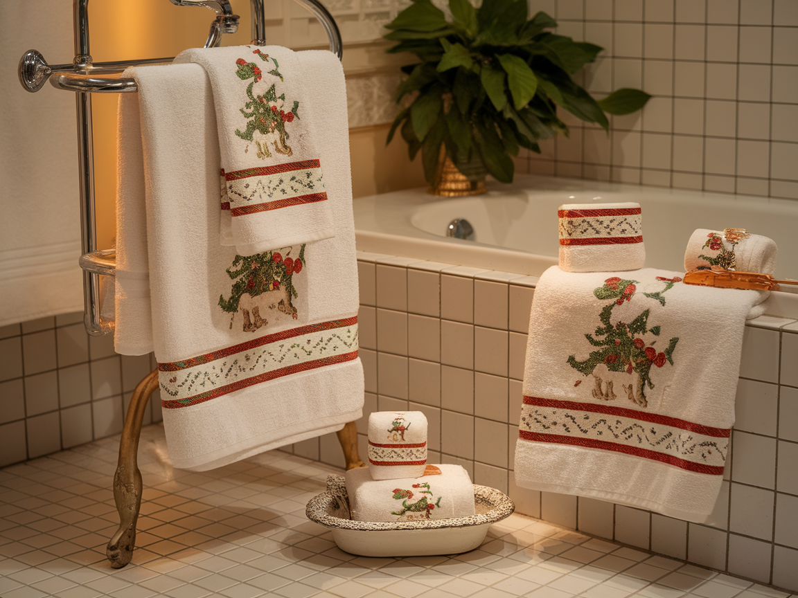 A beautifully decorated bathroom featuring holiday-themed towels and decor.