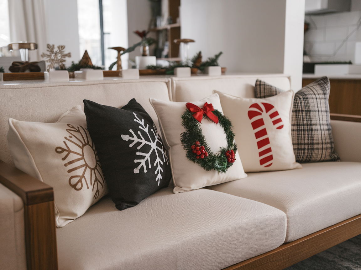 Cozy sofa adorned with holiday-themed throw pillows, featuring snowflakes, a wreath, and a candy cane design.