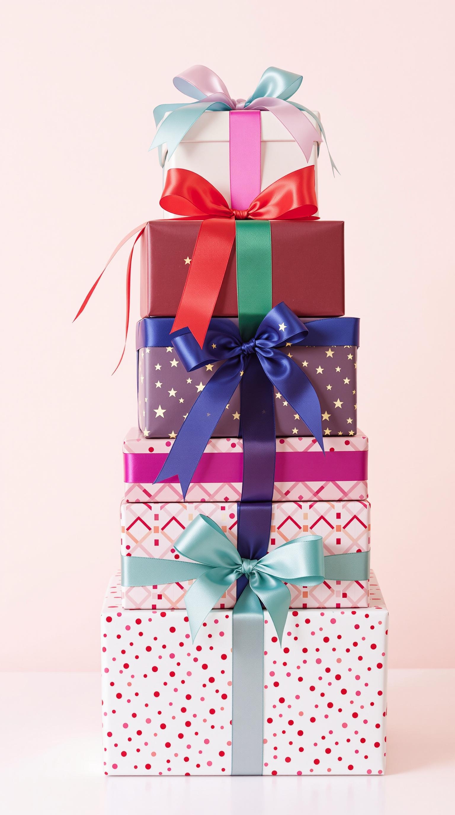 Stack of beautifully wrapped holiday gift boxes with ribbons