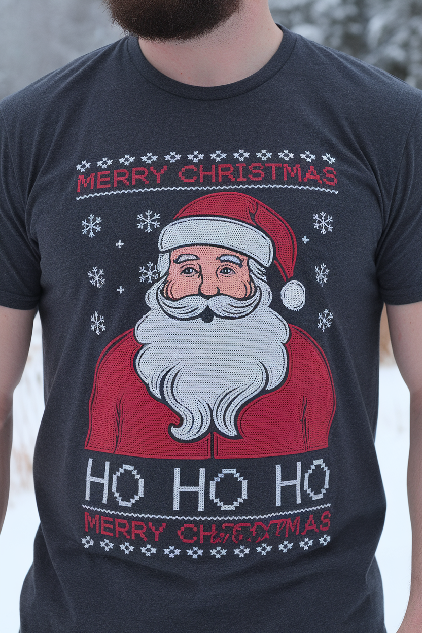 A man wearing a dark t-shirt featuring a playful Santa design with the text 'MERRY CHRISTMAS' and 'HO HO HO'.