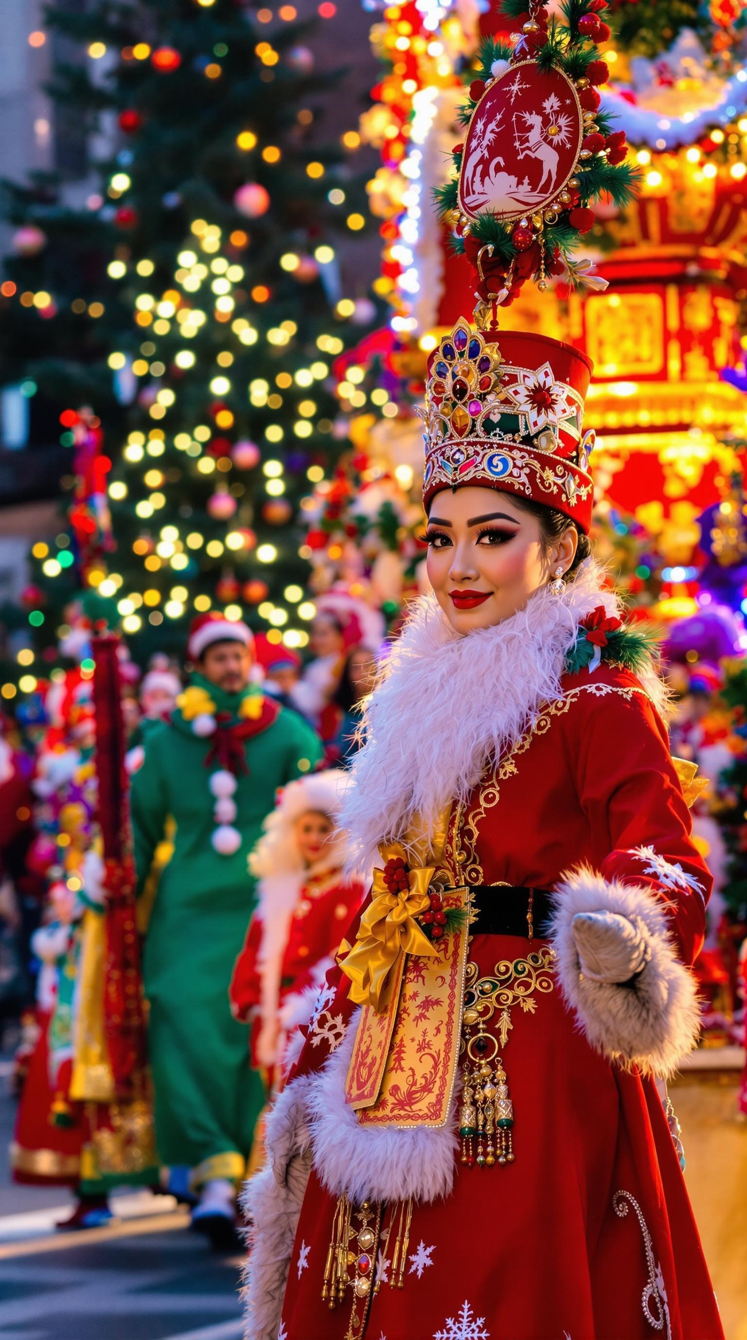 A vibrant holiday parade scene with performers in bright costumes and festive decorations.