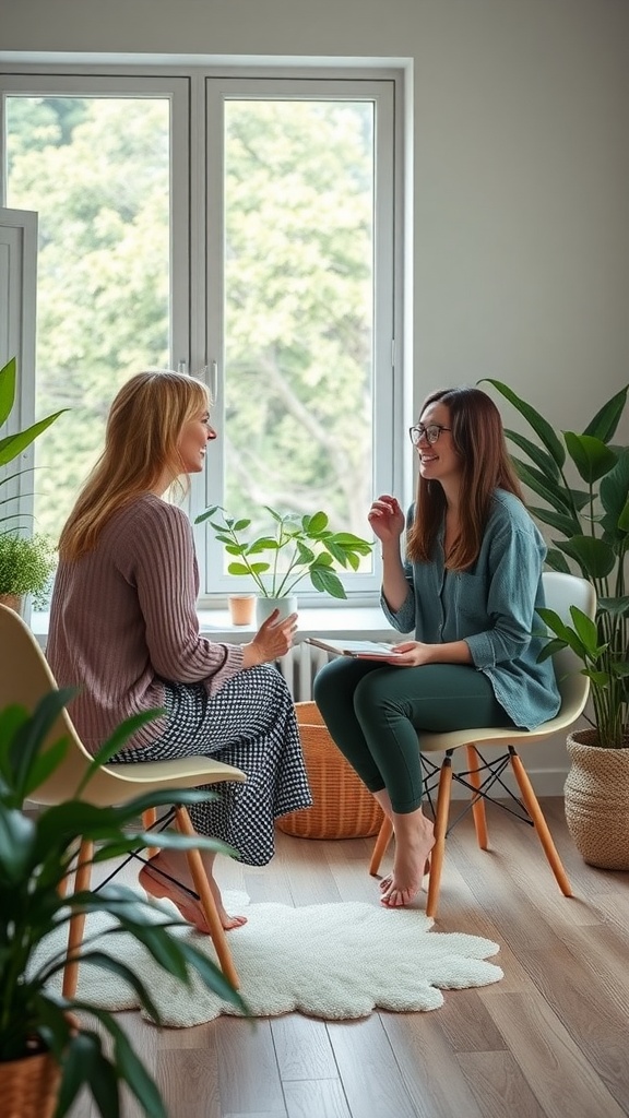 Two women engaged in a conversation about holistic health coaching in a serene, plant-filled room.