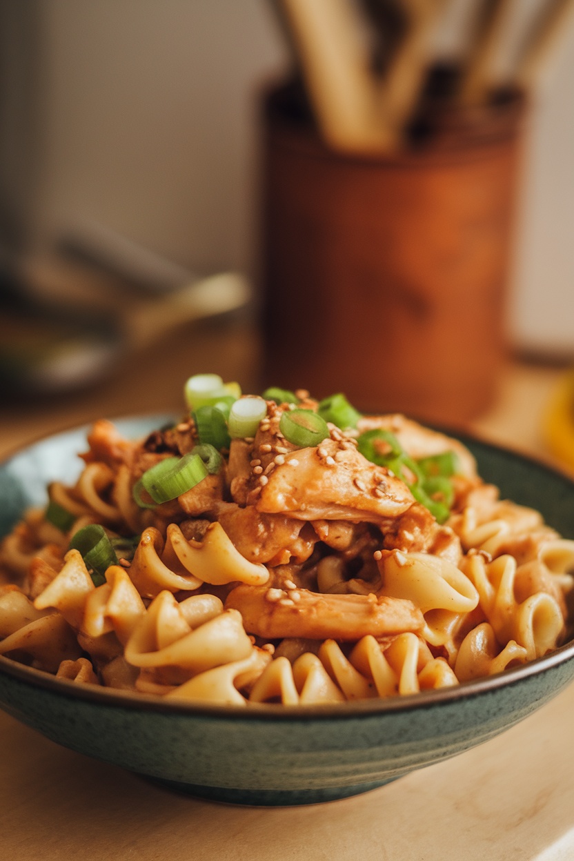 A bowl of honey garlic chicken pasta garnished with green onions.