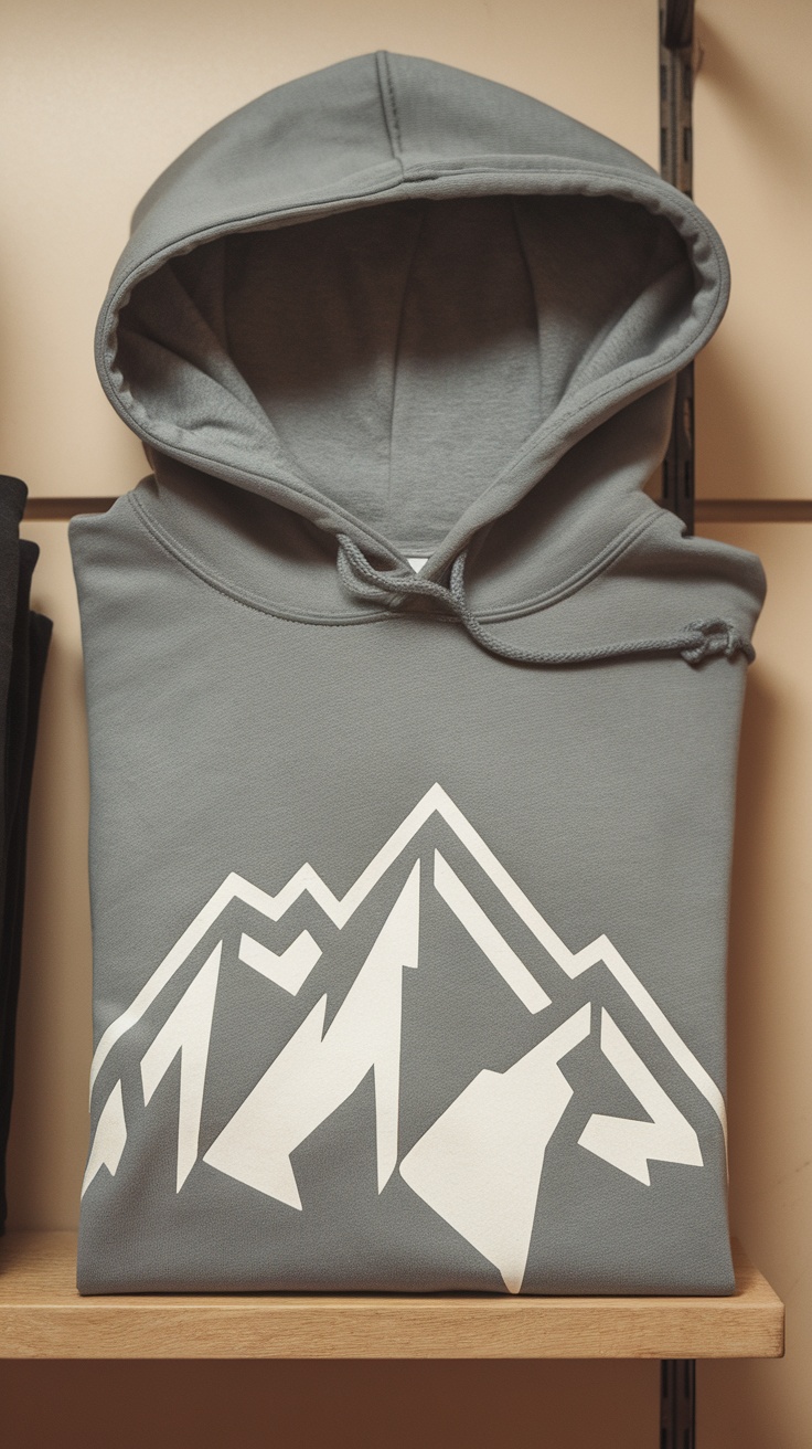 A grey hooded t-shirt with a mountain graphic, displayed on a shelf.