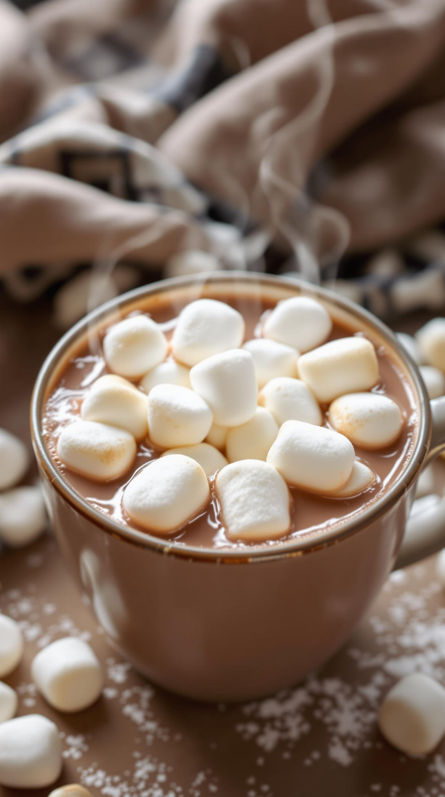 A steaming cup of hot cocoa topped with marshmallows