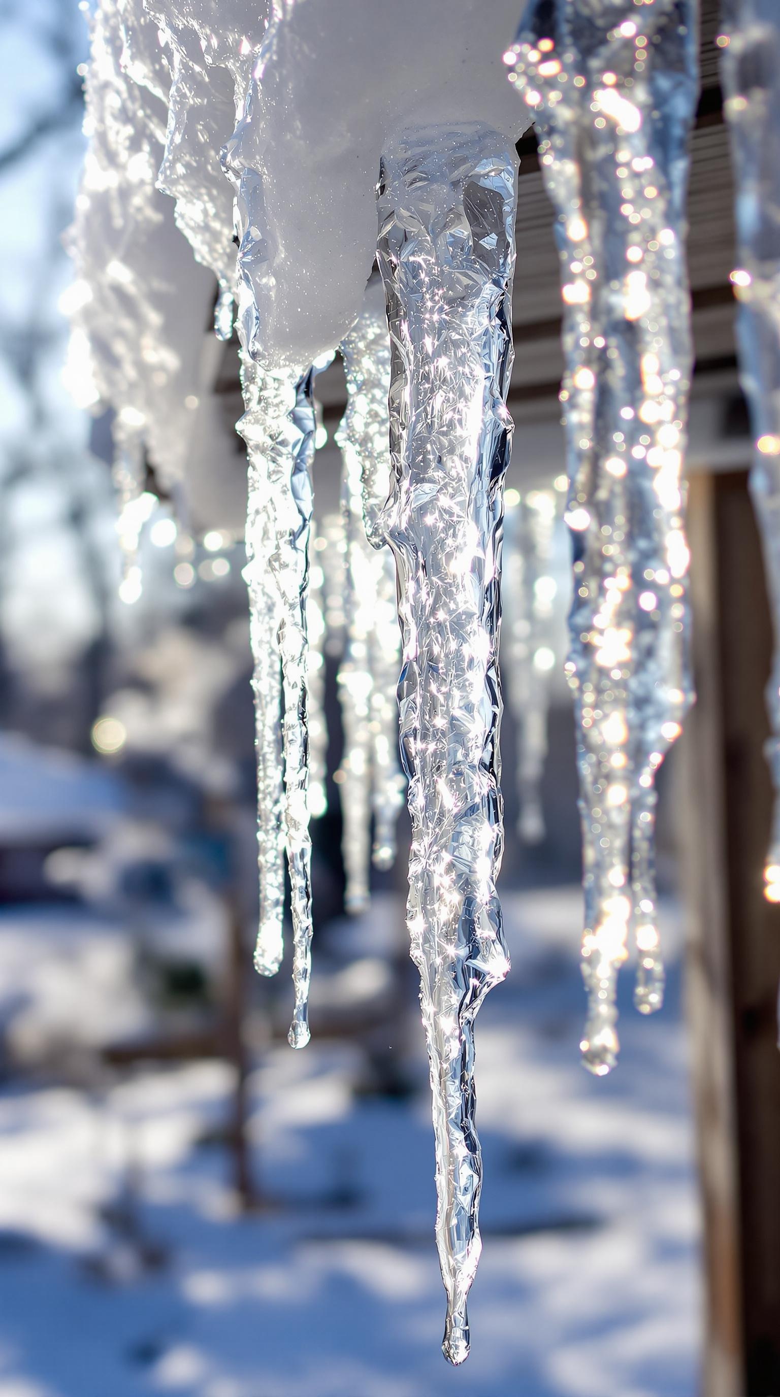 Close-up of icicles hanging from a roof, glistening in the sunlight.