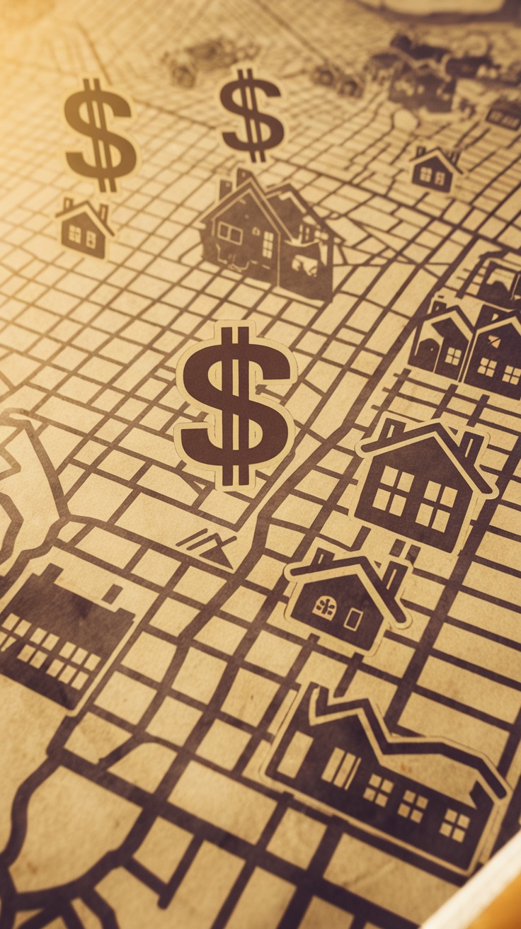 A stylized map highlighting houses and dollar signs, representing profitable neighborhoods for real estate investment.