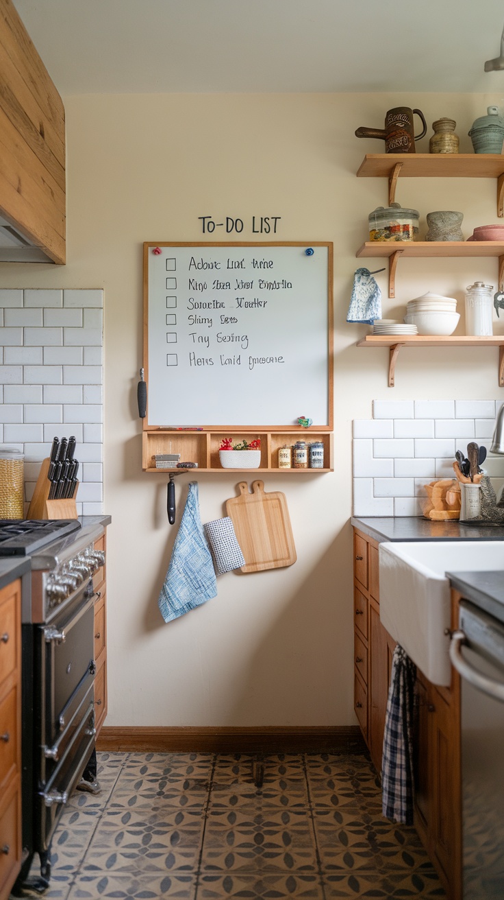 A kitchen command center featuring a calendar, to-do lists, and organized supplies on a wooden shelf.