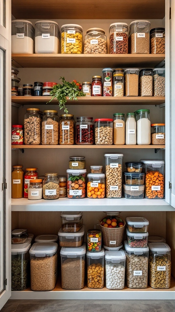 An organized pantry with labeled containers for easy identification of food items.