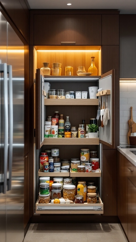 A pull-out pantry filled with jars and canned goods, showcasing organized storage in a modern kitchen.